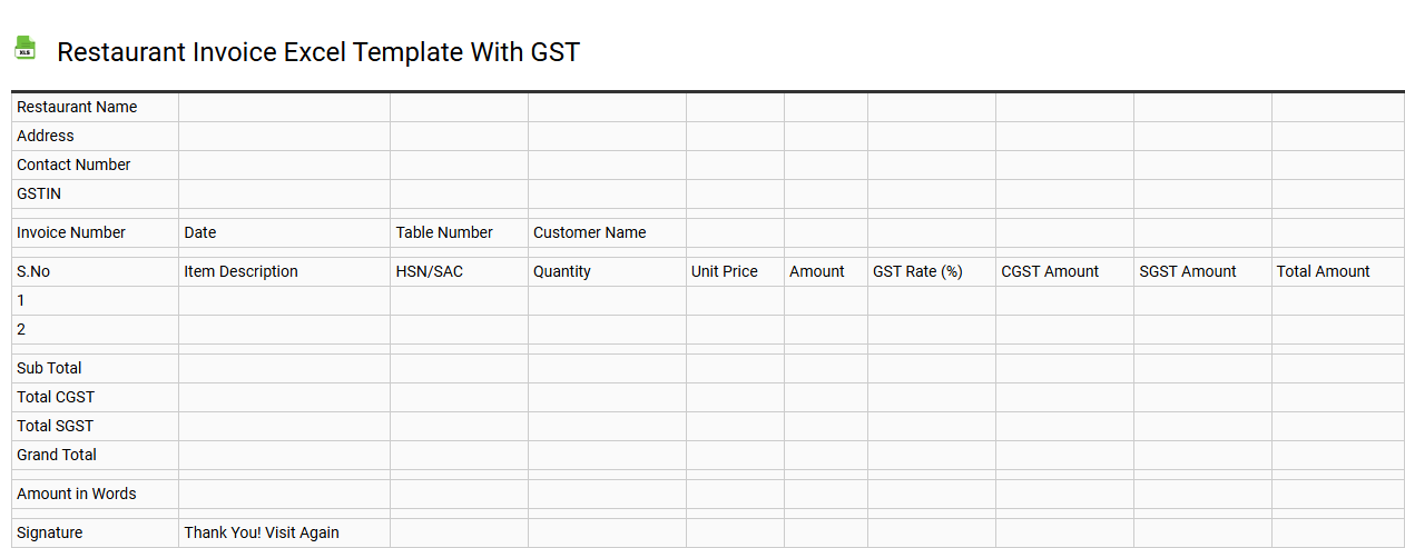 Restaurant invoice Excel template with GST