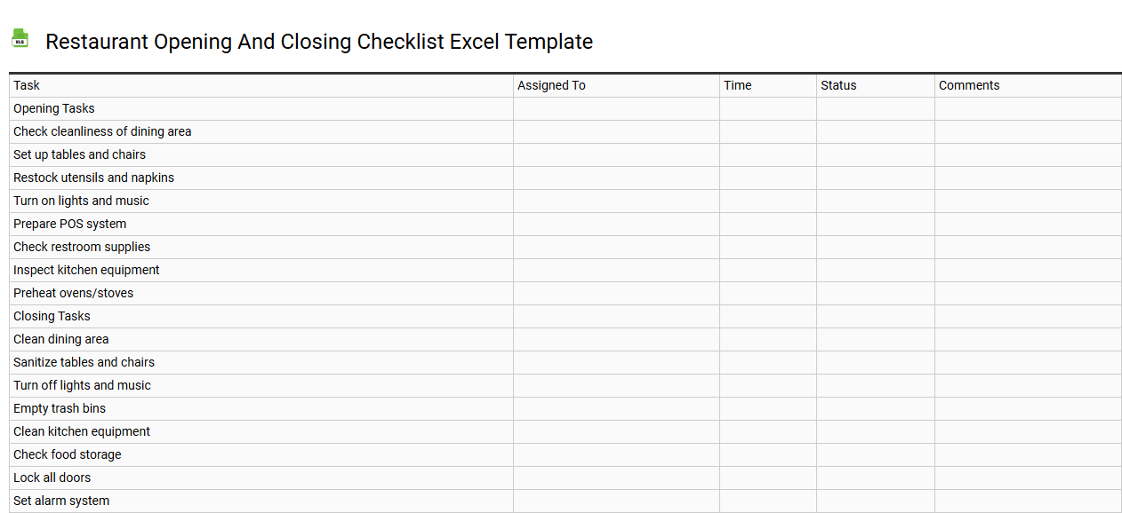 Restaurant opening and closing checklist Excel template