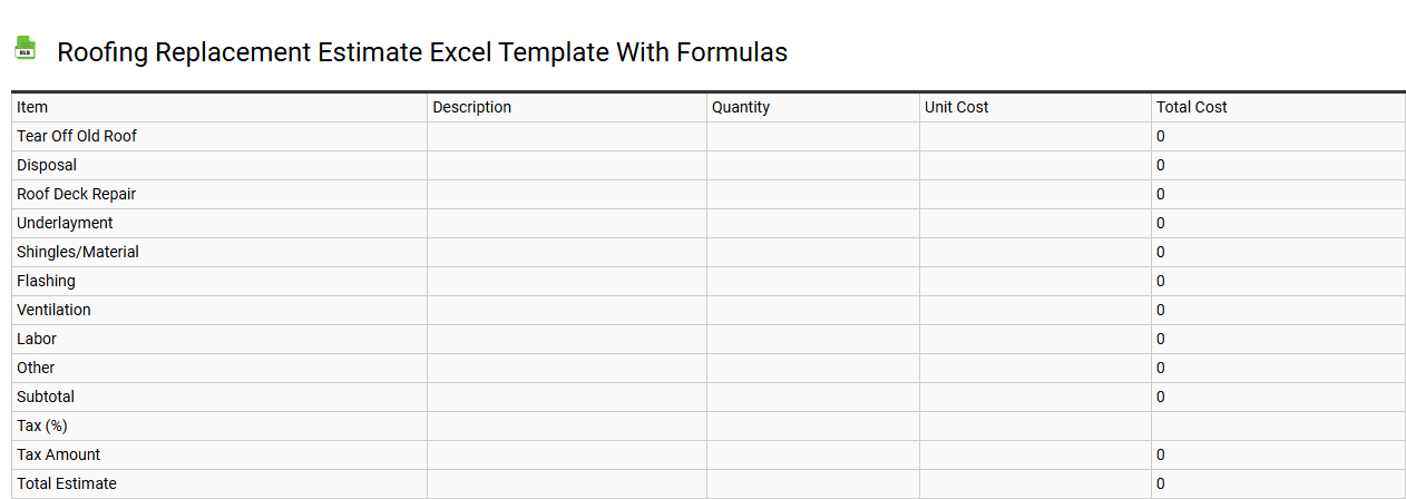 Roofing replacement estimate Excel template with formulas