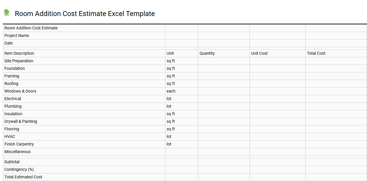 Room addition cost estimate Excel template