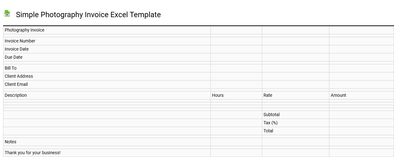 Simple photography invoice Excel template