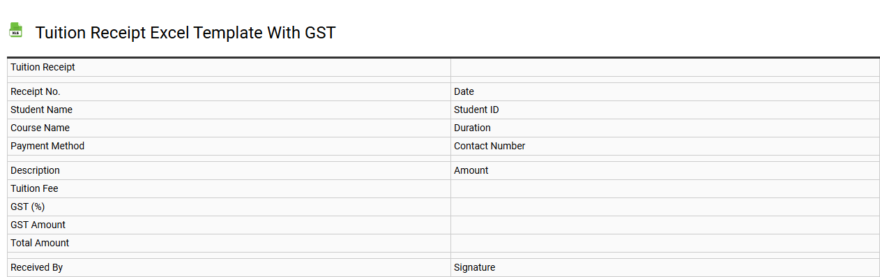 Tuition receipt Excel template with GST