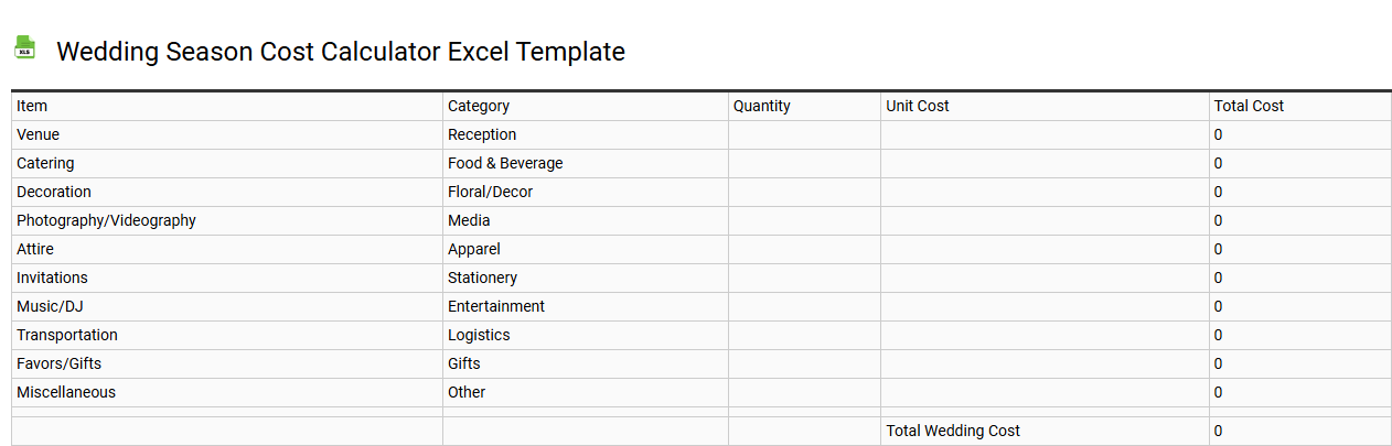 Wedding season cost calculator Excel template