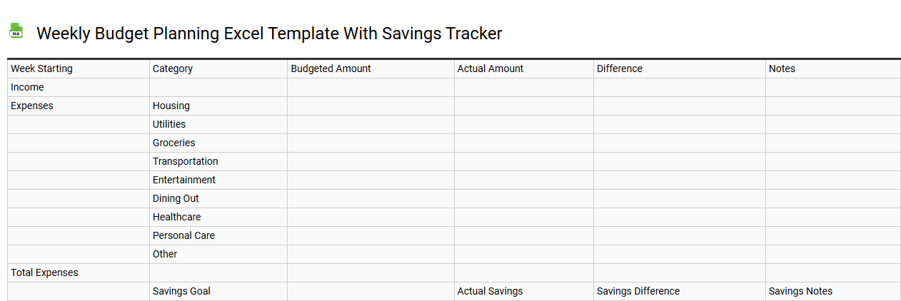 Weekly budget planning Excel template with savings tracker