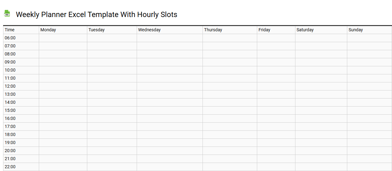 Weekly planner Excel template with hourly slots