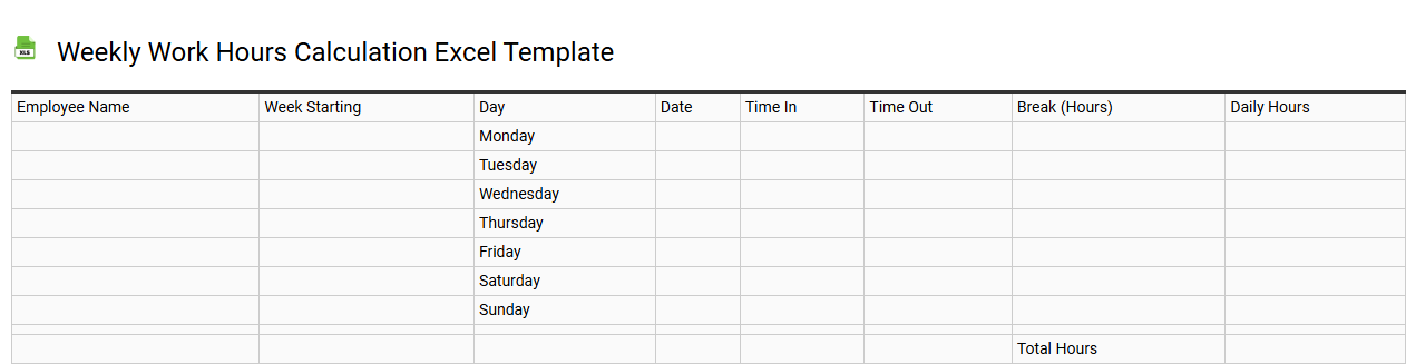 Weekly work hours calculation Excel template