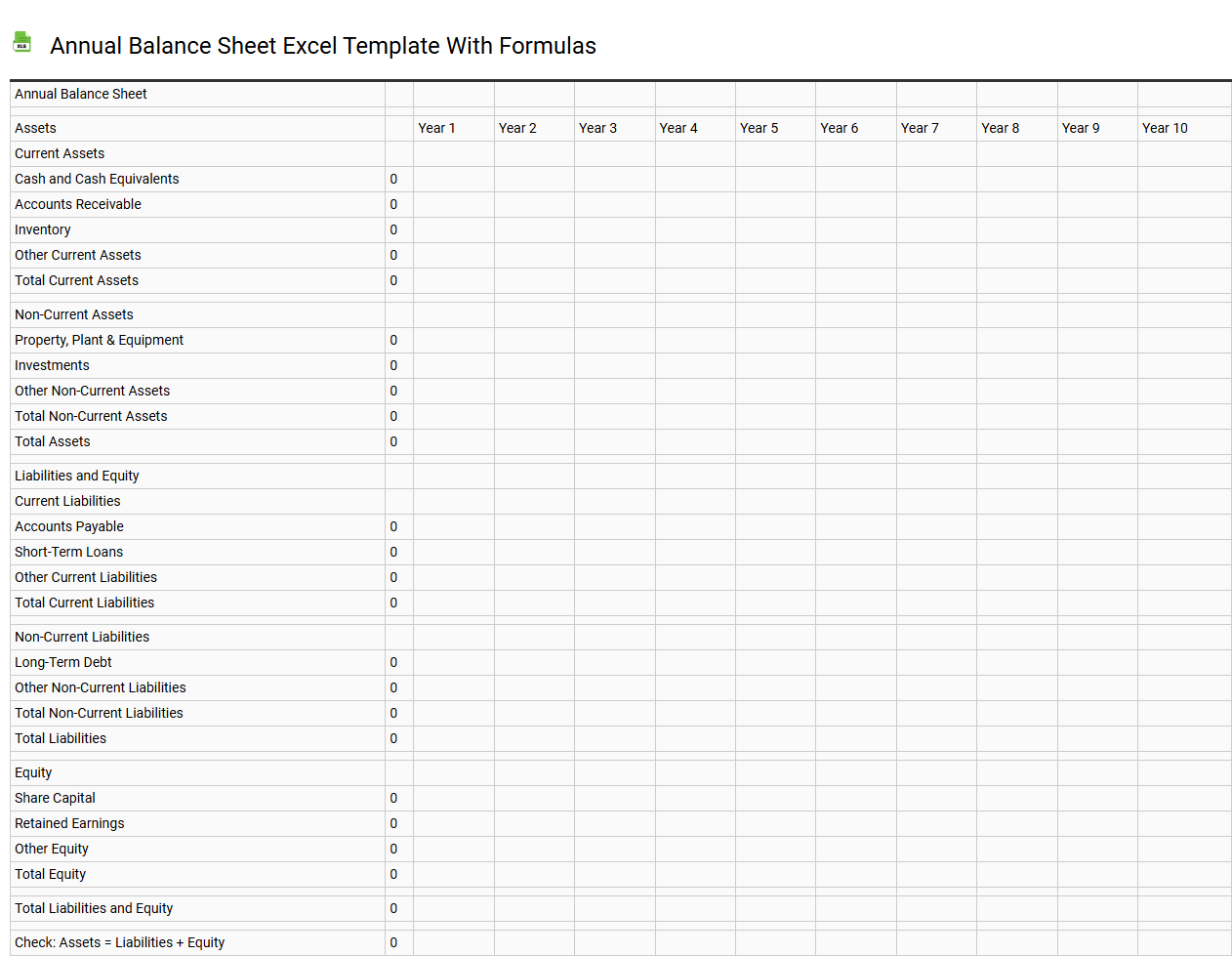 Annual balance sheet Excel template with formulas