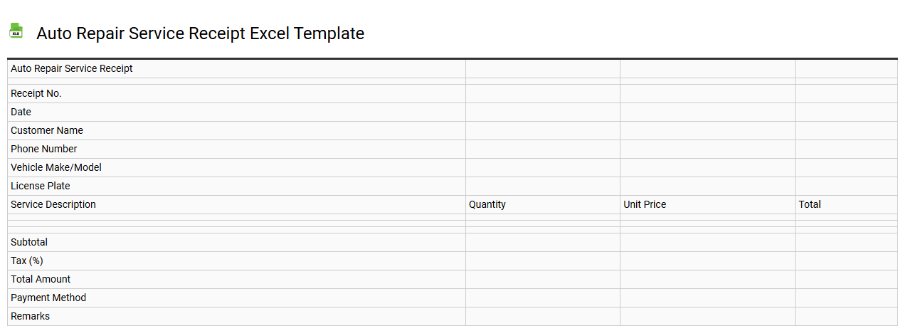 Auto repair service receipt Excel template
