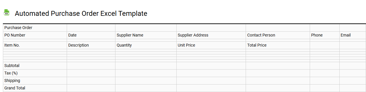 Automated purchase order Excel template