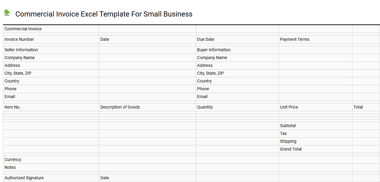 Commercial invoice Excel template for small business