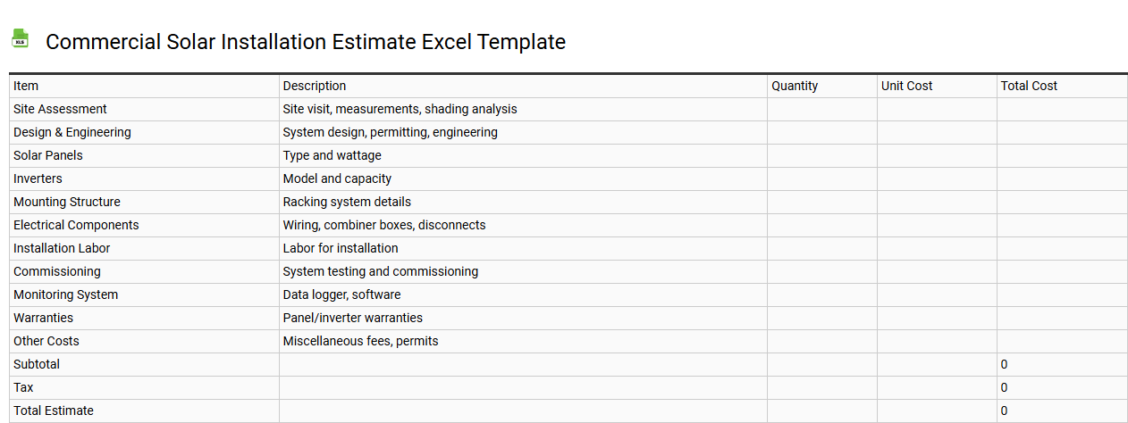 Commercial solar installation estimate Excel template