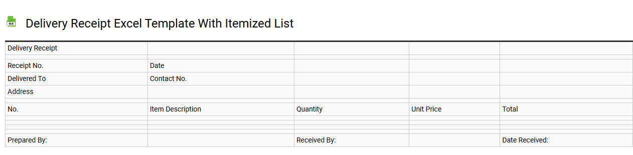 Delivery receipt Excel template with itemized list