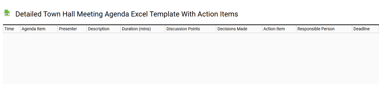 Detailed town hall meeting agenda Excel template with action items