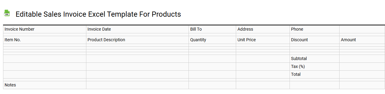 Editable sales invoice Excel template for products