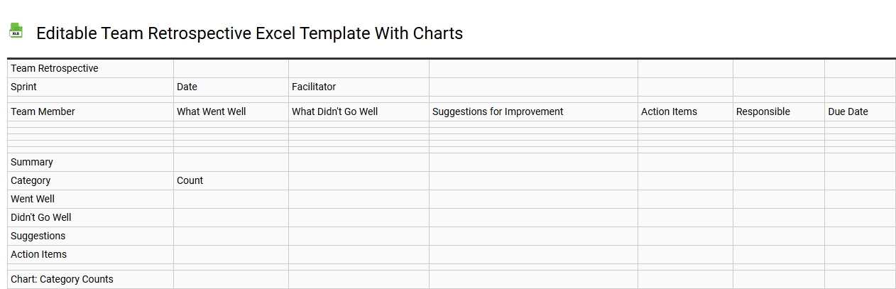 Editable team retrospective Excel template with charts