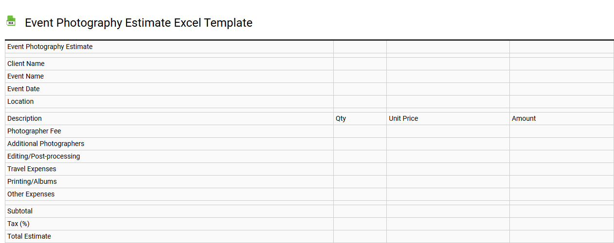 Event photography estimate Excel template