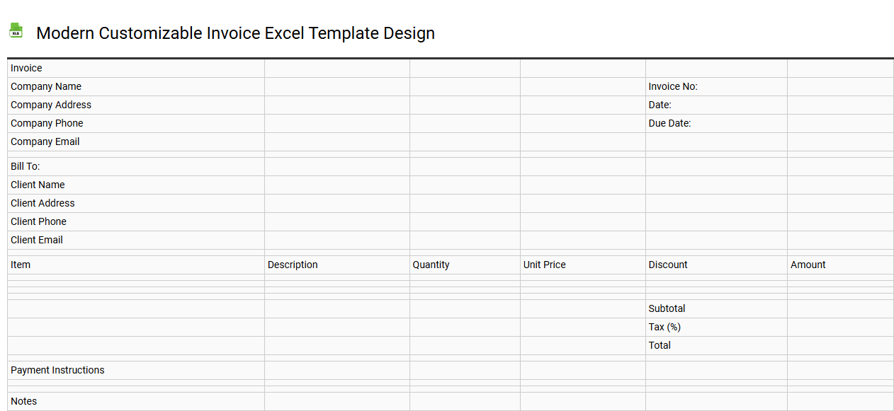 Modern customizable invoice Excel template design