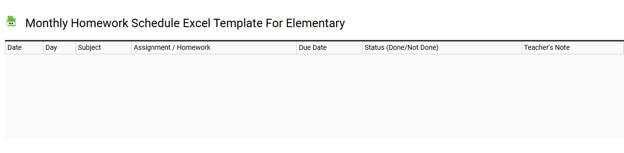 Monthly homework schedule Excel template for Elementary