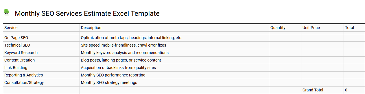Monthly SEO services estimate Excel template