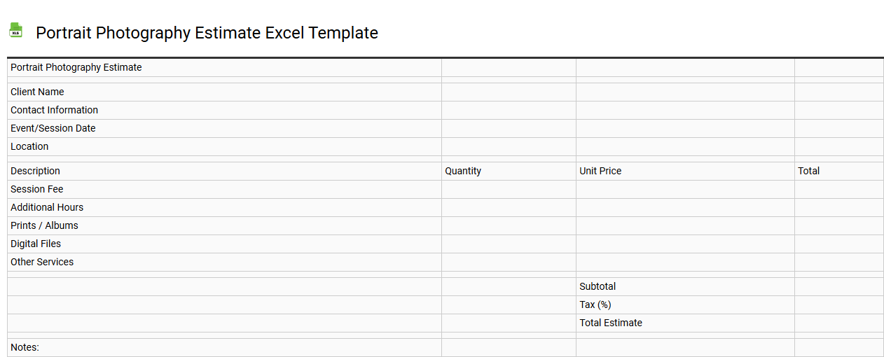 Portrait photography estimate Excel template