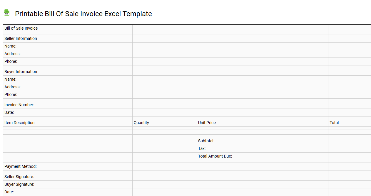 Printable bill of sale invoice Excel template