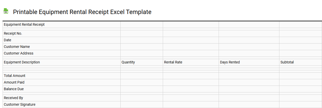 Printable equipment rental receipt Excel template