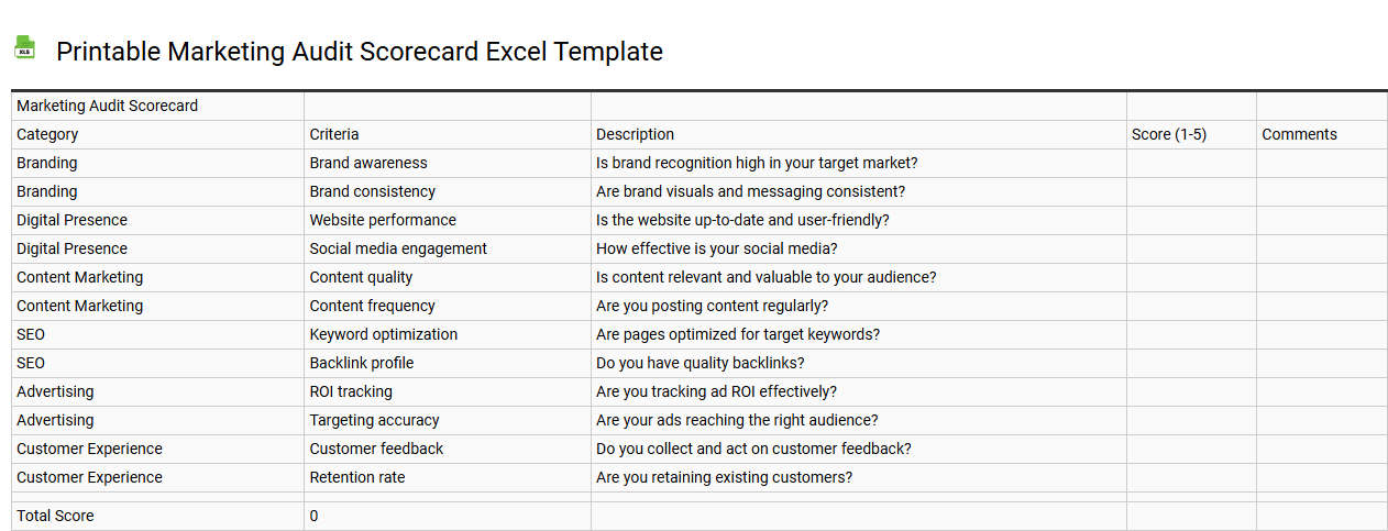 Printable marketing audit scorecard Excel template