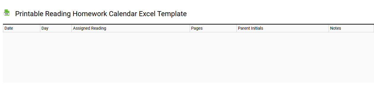 Printable reading homework calendar Excel template