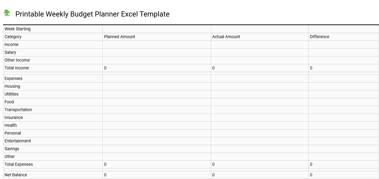 Printable weekly budget planner Excel template