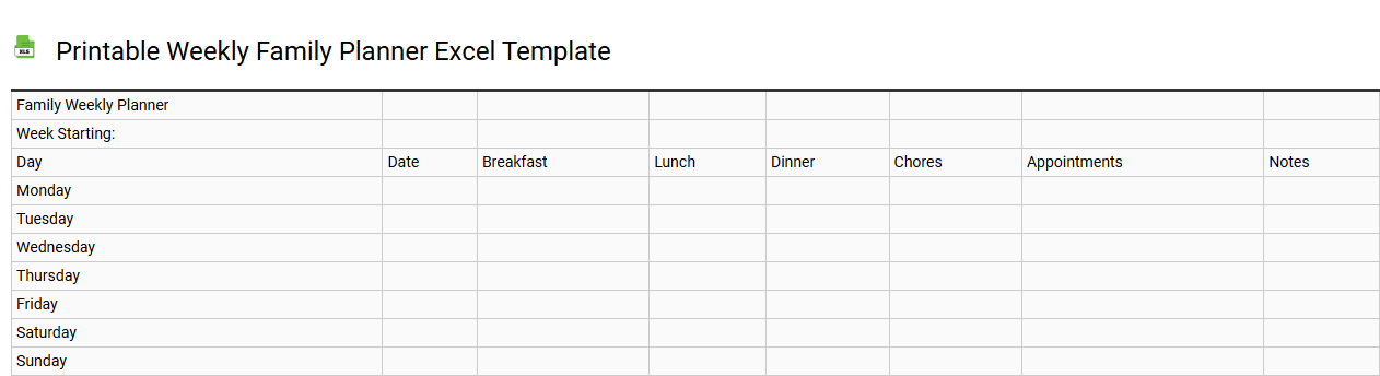 Printable weekly family planner Excel template