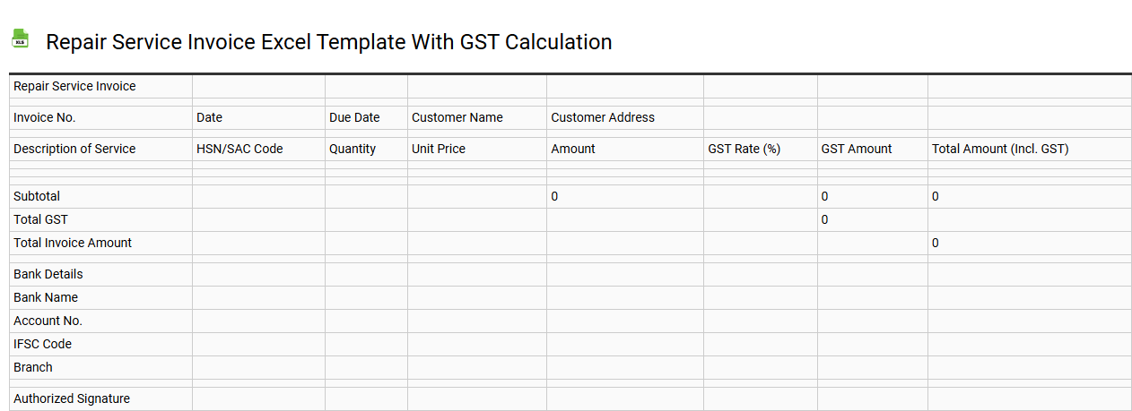Repair service invoice Excel template with GST calculation