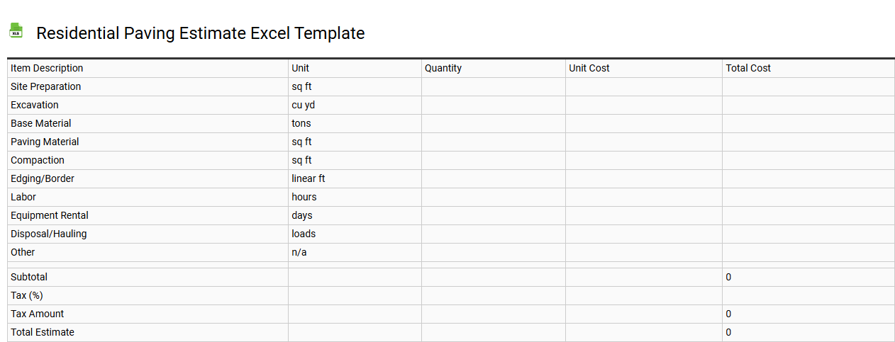 Residential paving estimate Excel template