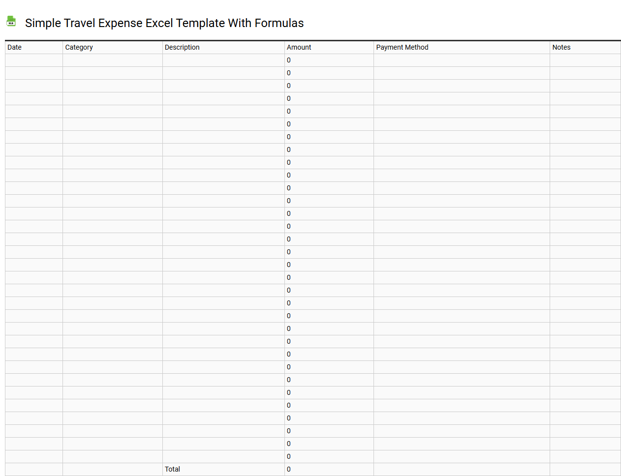 Simple travel expense Excel template with formulas