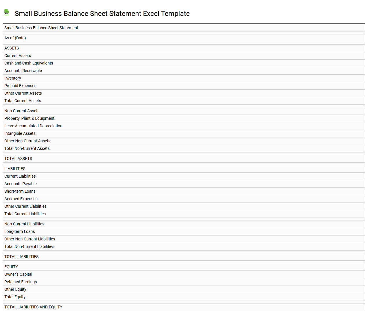 Small business balance sheet statement Excel template