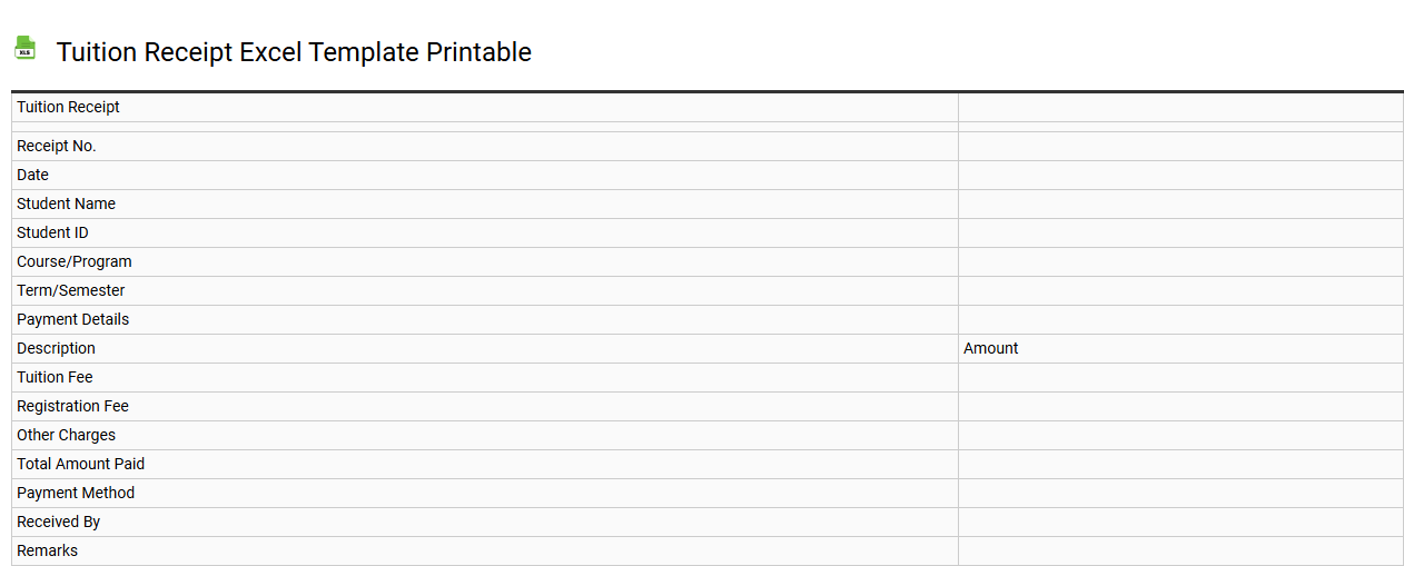 Tuition receipt Excel template printable