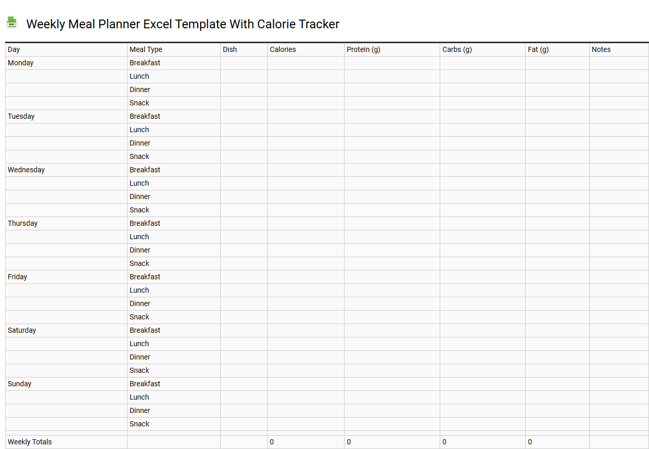 Weekly meal planner Excel template with calorie tracker