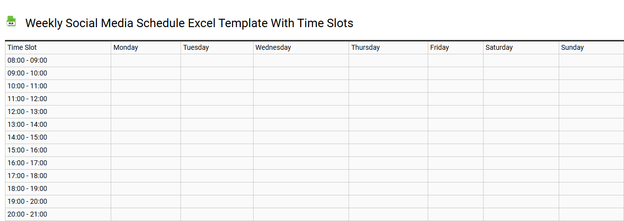 Weekly social media schedule Excel template with time slots