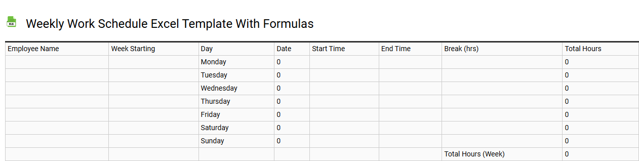 Weekly work schedule Excel template with formulas