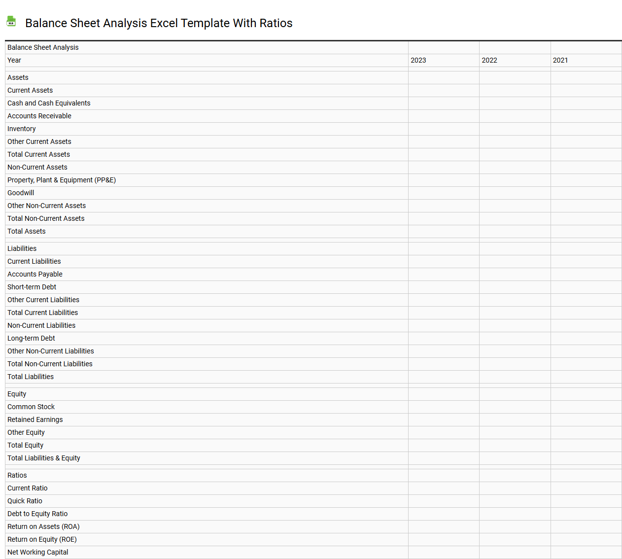 Balance sheet analysis Excel template with ratios