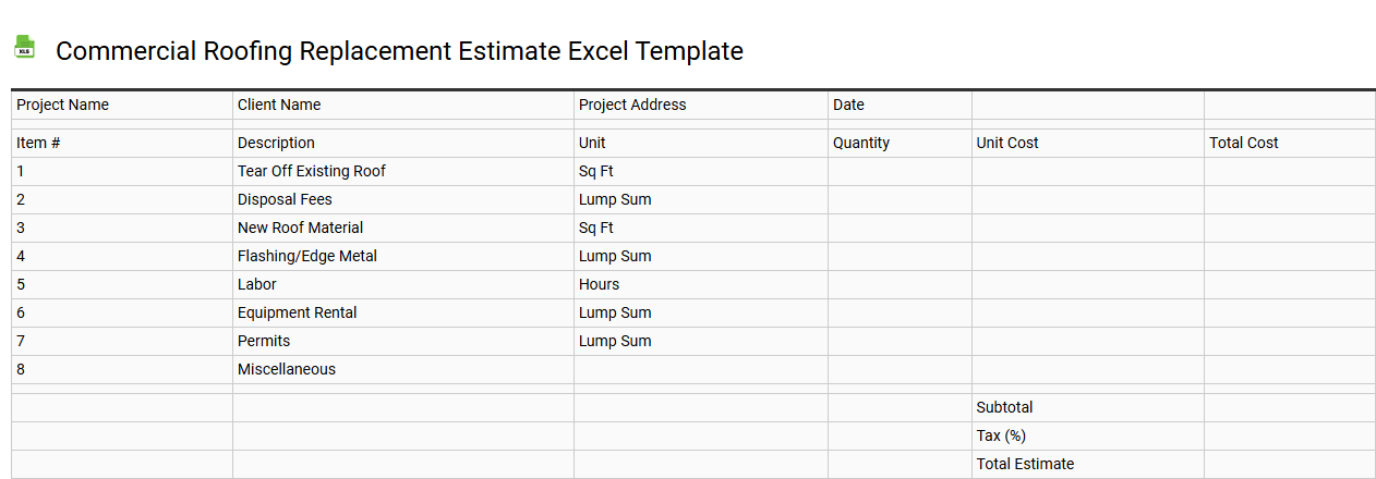 Commercial roofing replacement estimate Excel template