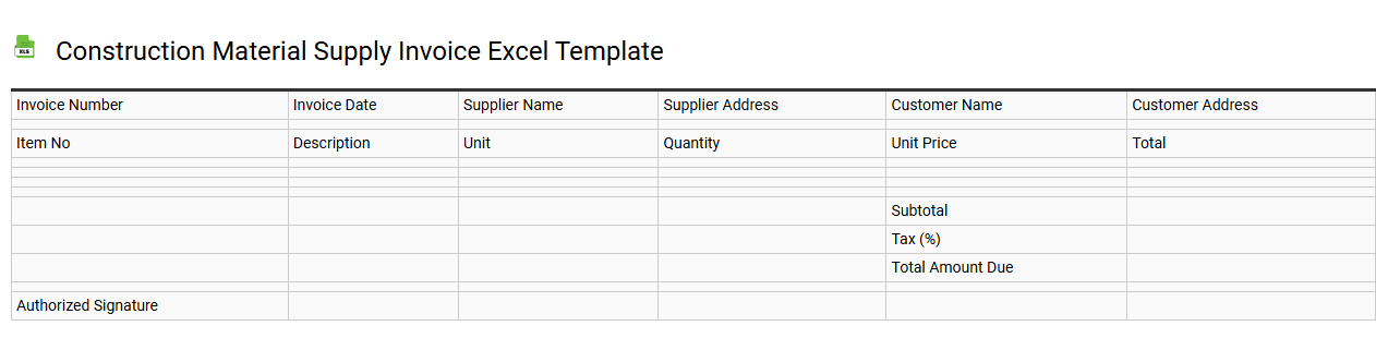 Construction material supply invoice Excel template