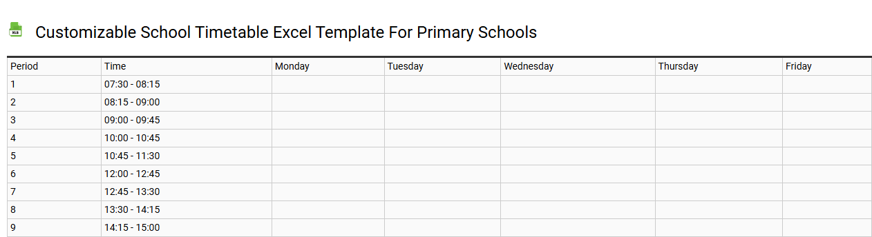 Customizable school timetable Excel template for primary schools