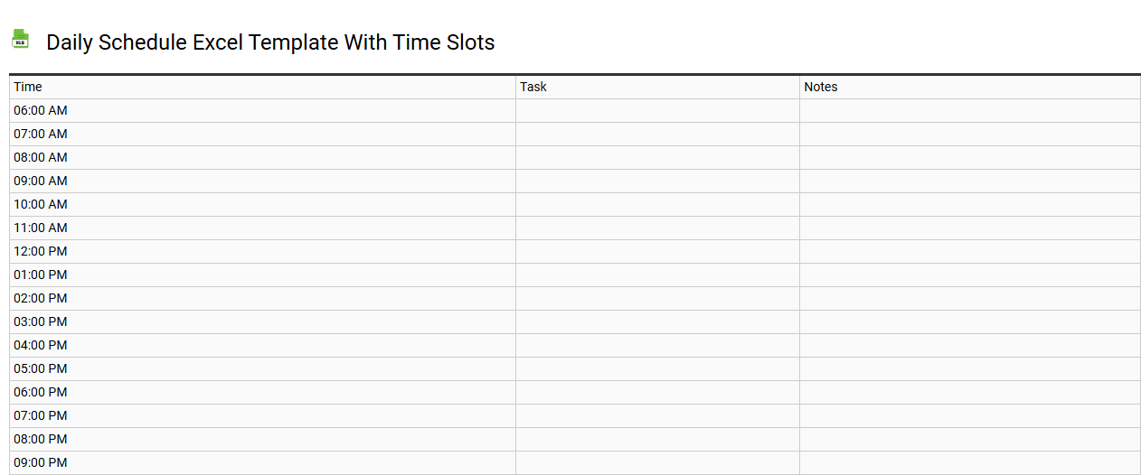Daily schedule Excel template with time slots