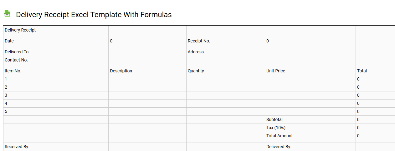Delivery receipt Excel template with formulas