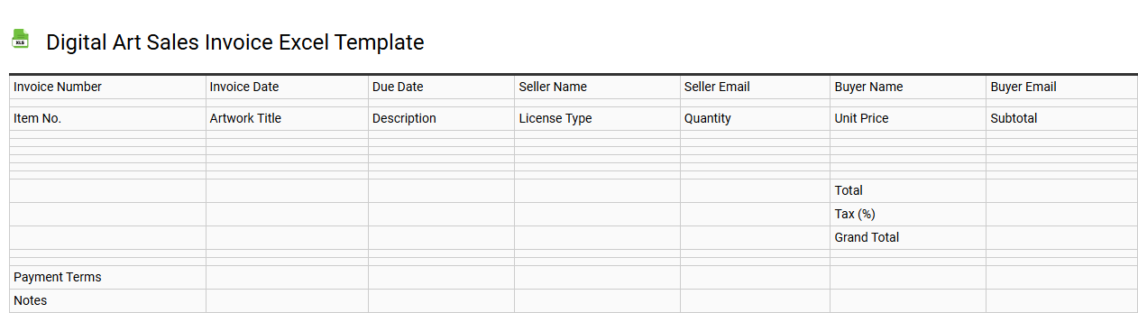 Digital art sales invoice Excel template