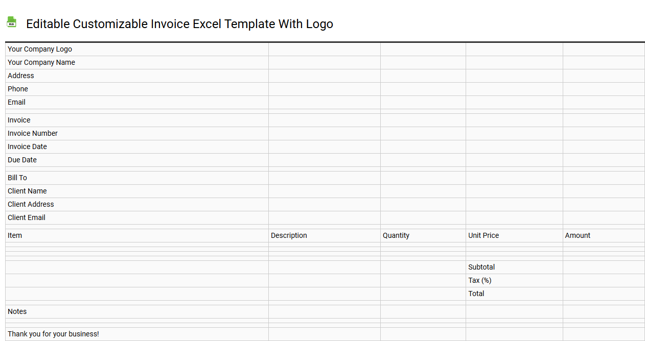 Editable customizable invoice Excel template with logo