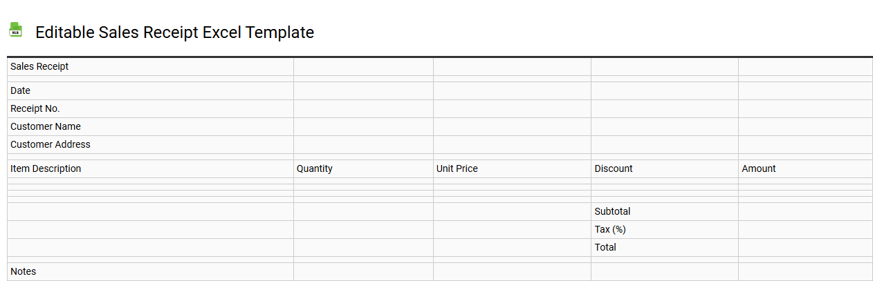 Editable sales receipt Excel template