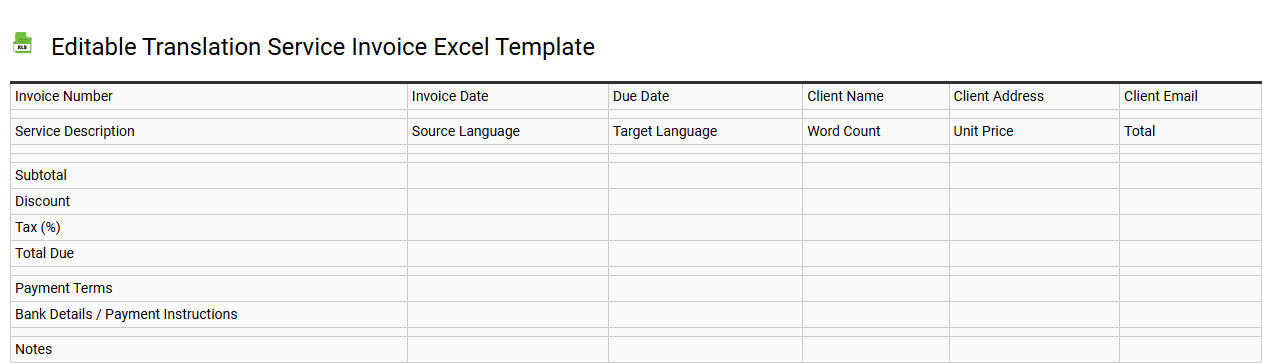 Editable translation service invoice Excel template