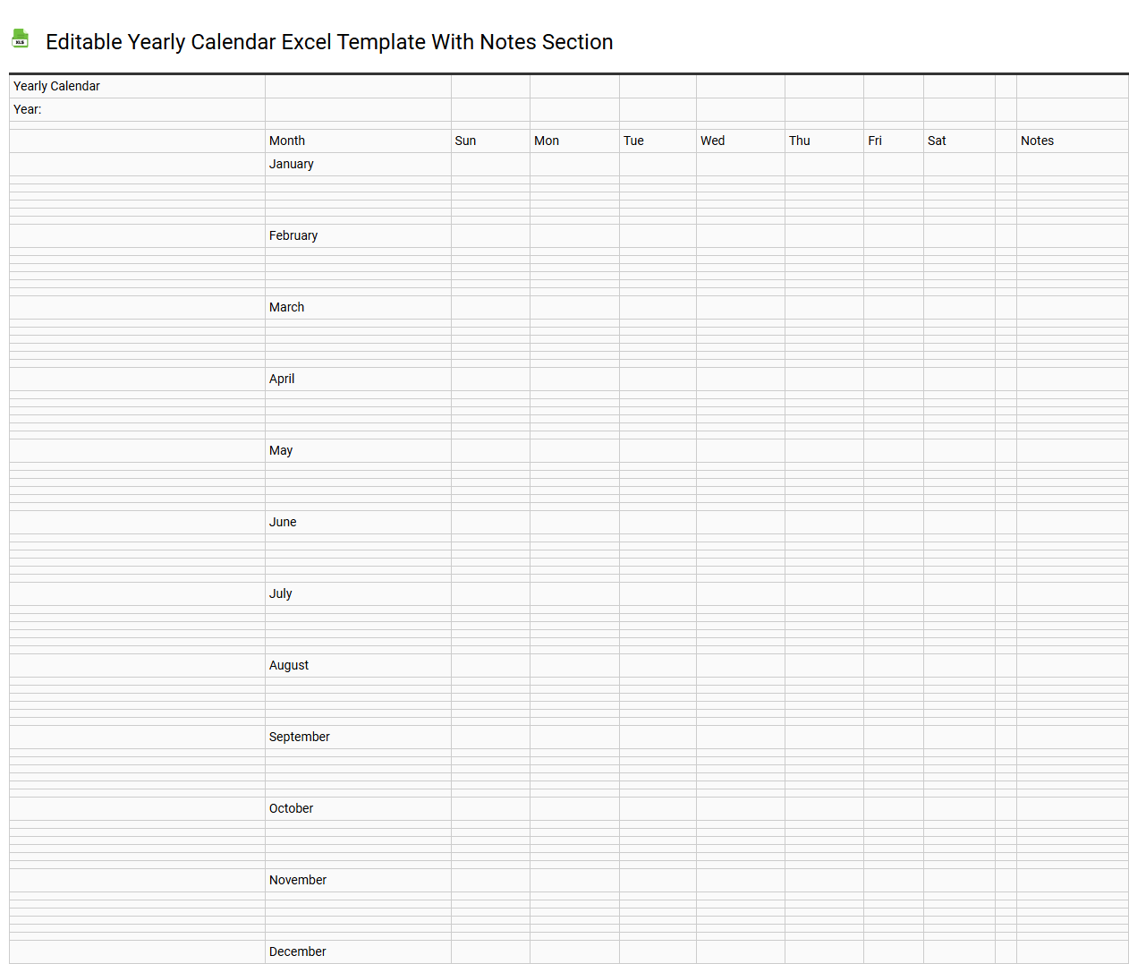 Editable yearly calendar Excel template with notes section