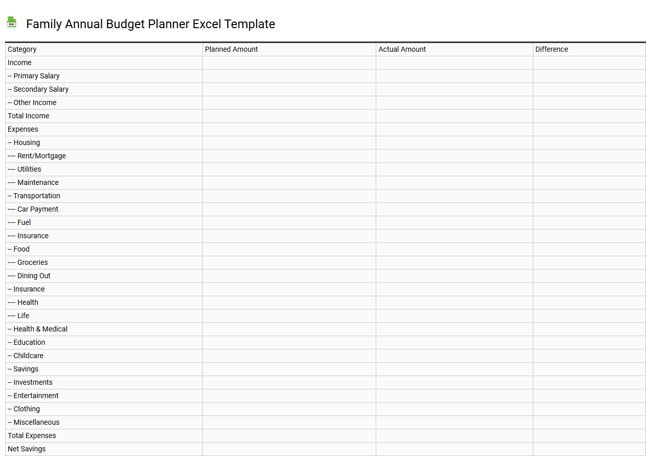 Family annual budget planner Excel template